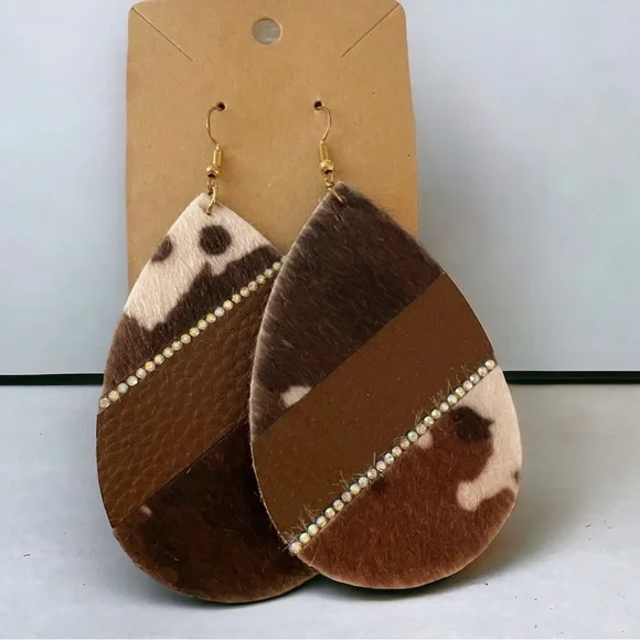 Hair On Hide Faux Leather Jeweled Teardrop Dangle Drop Earrings - Picture 1 of 10